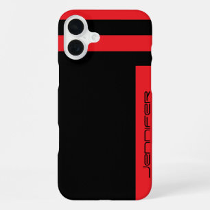 Minimalist Red Black Two Way Stripe, Name, iPhone Case
