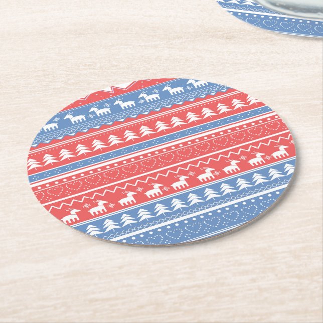 Minimalist Red & Blue Christmas - Unique Pattern Round Paper Coaster (Angled)
