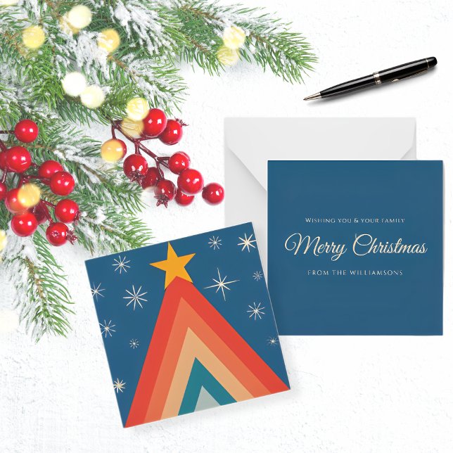 Minimalist Red & Blue Retro Groovy Christmas Tree Card (Creator Uploaded)
