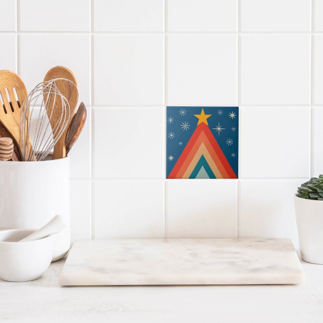 Minimalist Red & Blue Retro Groovy Christmas Tree  Ceramic Tile (Creator Uploaded)