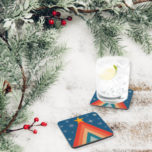 Minimalist Red & Blue Retro Groovy Christmas Tree  Coaster