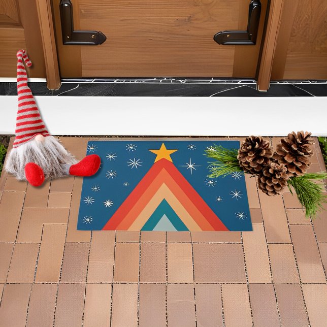 Minimalist Red & Blue Retro Groovy Christmas Tree  Doormat (Creator Uploaded)