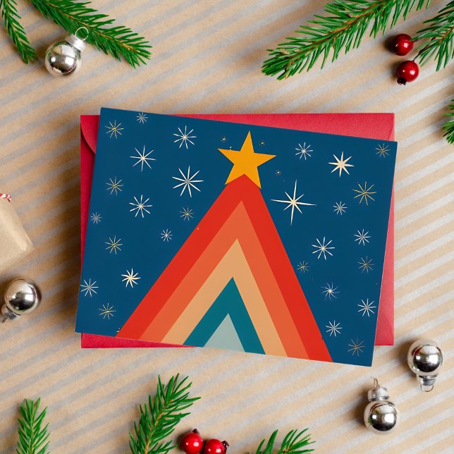 Minimalist Red & Blue Retro Groovy Christmas Tree Foil Holiday Postcard (Creator Uploaded)
