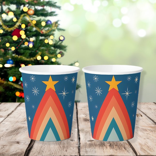 Minimalist Red & Blue Retro Groovy Christmas Tree  Paper Cups (Creator Uploaded)