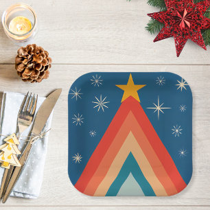 Minimalist Red & Blue Retro Groovy Christmas Tree  Paper Plate