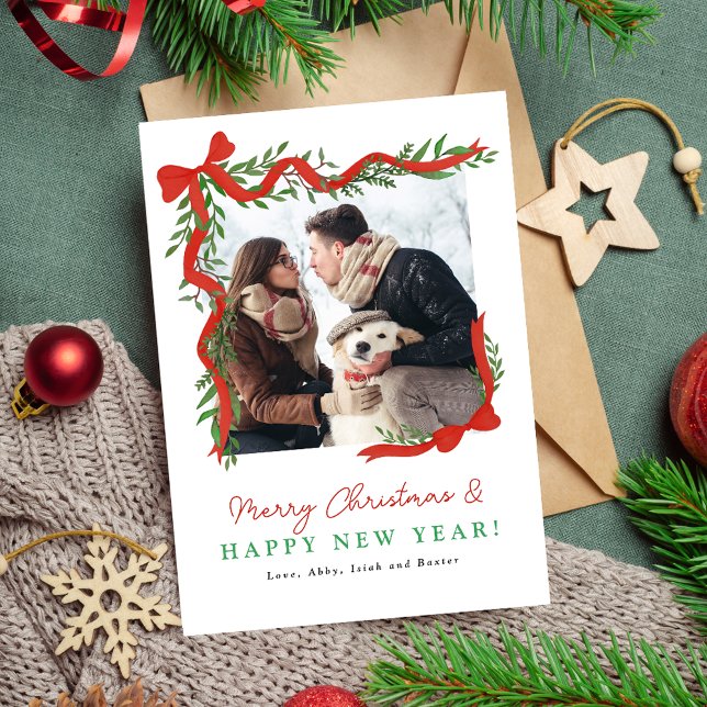 Minimalist Red Bow and Greenery Holiday Photo Card (Creator Uploaded)