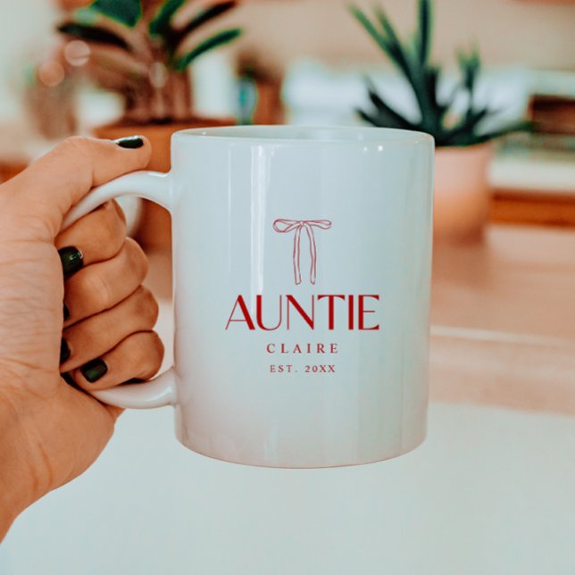 Minimalist Red Bow Auntie Est. Date & Custom Name  Coffee Mug (Creator Uploaded)