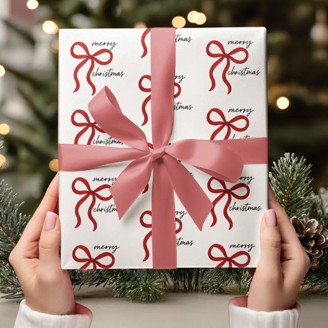 Minimalist Red Bow Merry Christmas Wrapping Paper (Creator Uploaded)