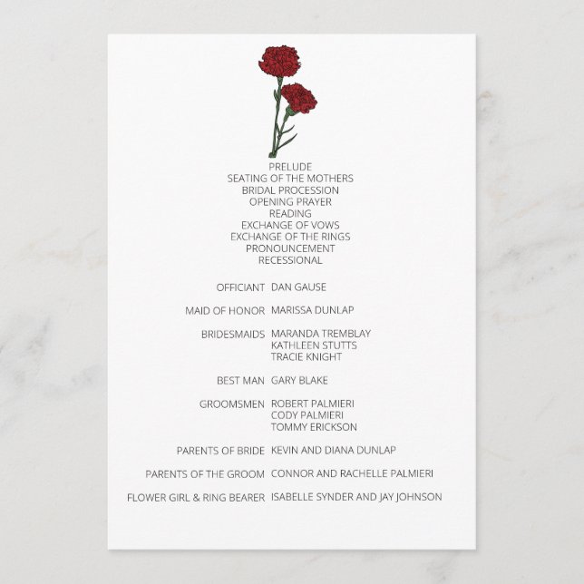 Minimalist Red Carnations Wedding Program (Front)