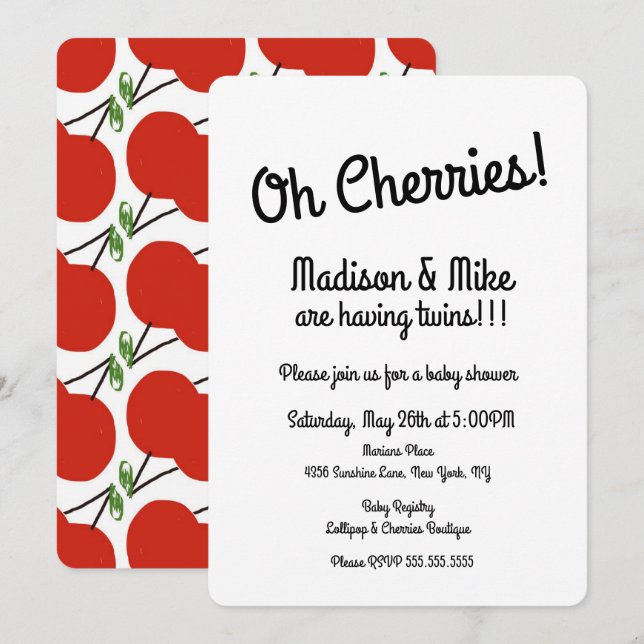 Minimalist Red Cherries Twins Baby Shower Invitation (Front/Back)