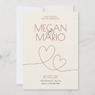 Minimalist red cream two hearts wedding  invitation