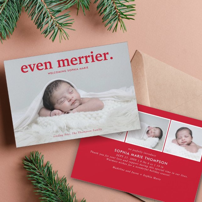 Minimalist Red Even Merrier New Baby Photo Collage Holiday Card (Creator Uploaded)