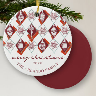 Minimalist Red Family Name Merry Christmas Ceramic Ornament