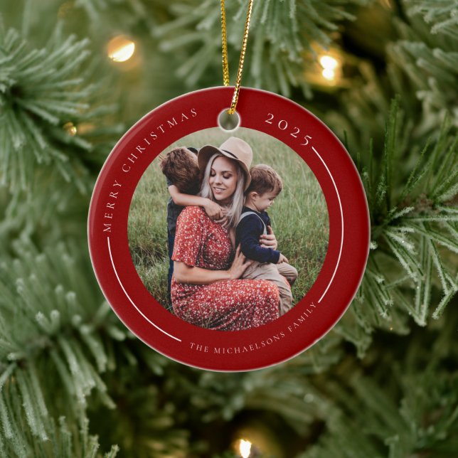 Minimalist Red Family Photo Ceramic Ornament (Tree)