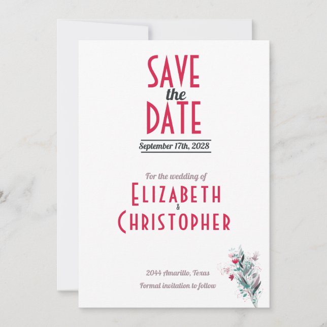 Minimalist Red Floral Save The Date Card (Front)