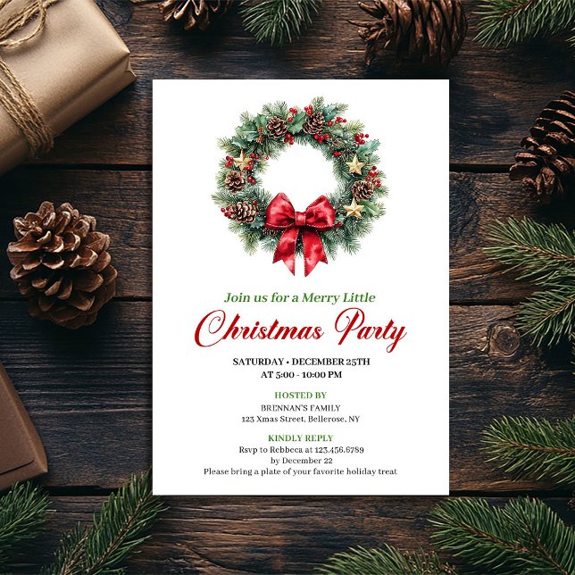 Minimalist Red Green Christmas Wreath Party Card (Minimalist Red Green Christmas Wreath Party Card)