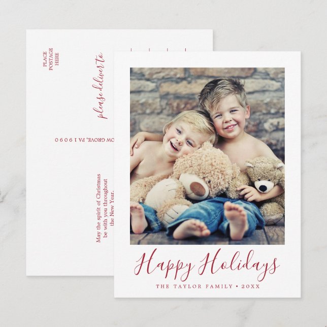 Minimalist Red Happy Holidays Portrait Photo Holiday Postcard (Front/Back)