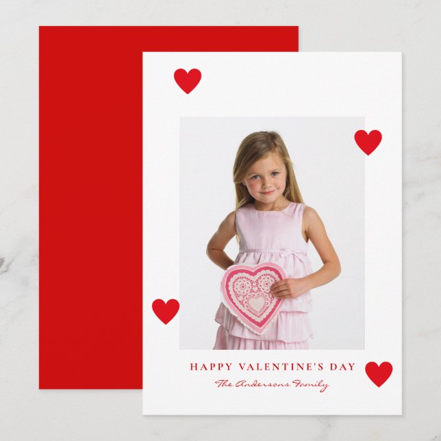 Minimalist Red Hearts Photo Happy Valentines Day Holiday Card (Front/Back)