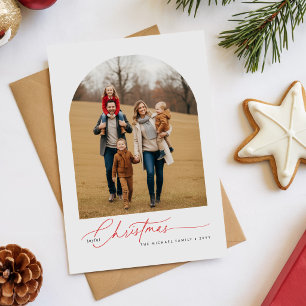 Minimalist Red Joyful Christmas Family Photo Holiday Postcard