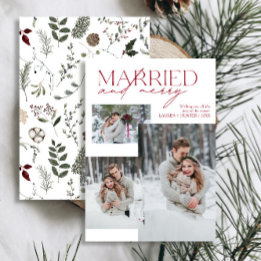 Minimalist Red Married and Merry Newlywed Photo Holiday Card