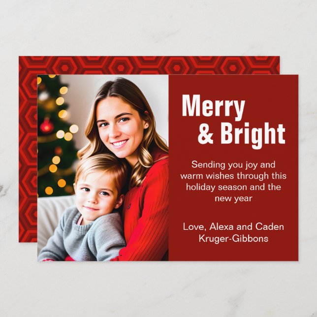 Minimalist Red "Merry & Bright" Photo Holiday Card (Front/Back)