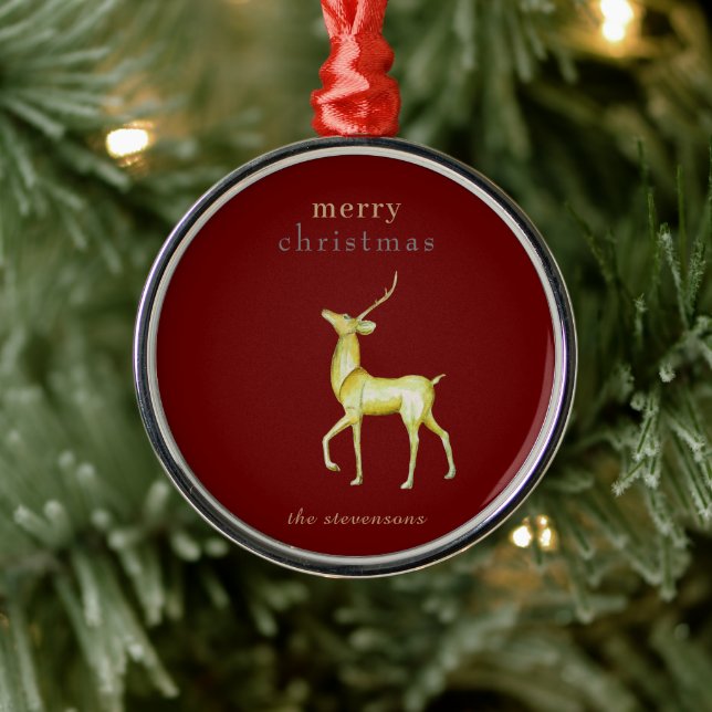 Minimalist Red Merry Christmas Gold Reindeer Metal Ornament (Tree)