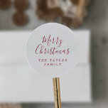 Minimalist Red Merry Christmas Holiday Gift Classic Round Sticker<br><div class="desc">These minimalist red Merry Christmas holiday gift stickers are perfect for a simple holiday present or holiday card. The design features classic red and white typography paired with a rustic yet elegant script font with hand lettered style. Personalise the stickers with your name.</div>