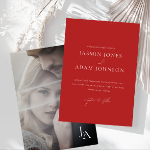 Minimalist Red Monogram Photo Wedding Invitation