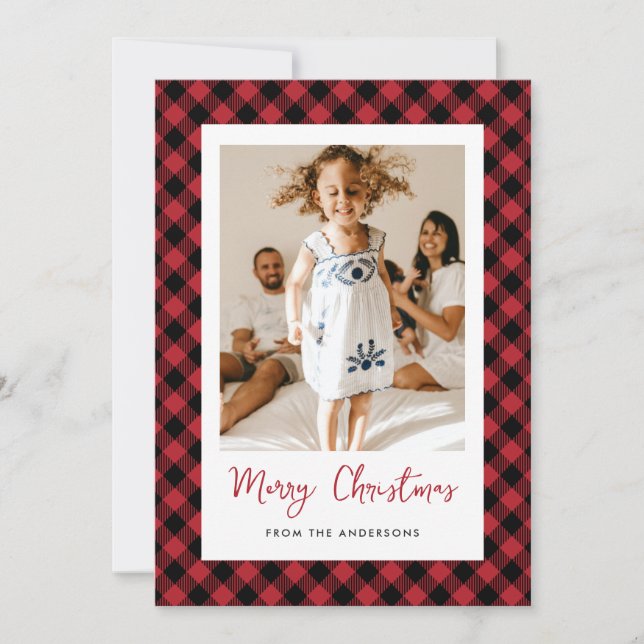 Minimalist Red Plaid Photo Merry Christmas Holiday Card (Front)