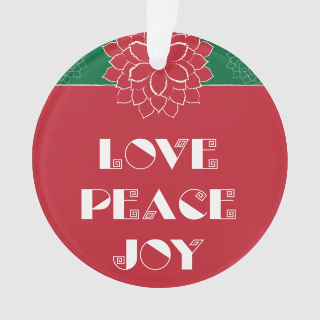 Minimalist Red Poinsettia with Love, Peace, Joy Ornament (Front)