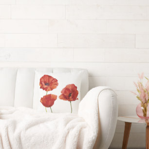 Minimalist Red Poppy Flowers Botanical Watercolor Cushion