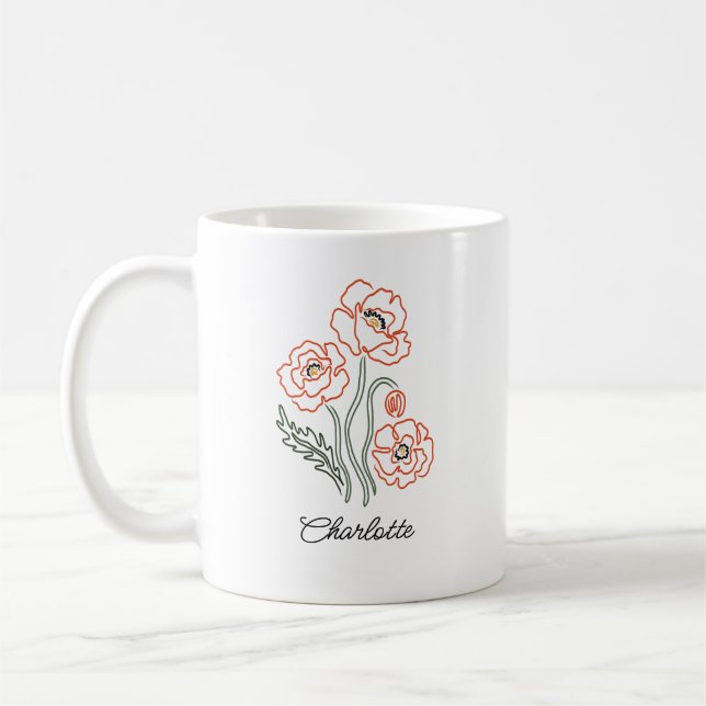 Minimalist Red Poppy Line Art Custom Name Mug (Left)