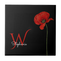 Minimalist Red Poppy with Initial on Black