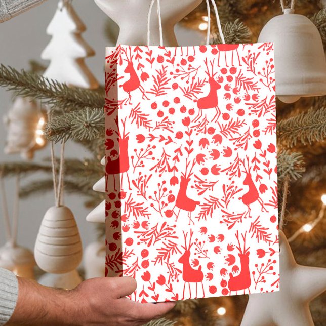 Minimalist Red Reindeer, Foliage Christmas Pattern Medium Gift Bag (Creator Uploaded)