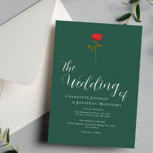 Minimalist Red Rose Elegant Script Green Invitation