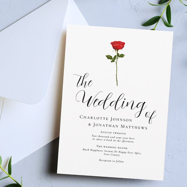 Minimalist Red Rose Elegant Script Invitation (Single red rose elegant script minimalist wedding invitation Watercolor floral modern calligraphy )