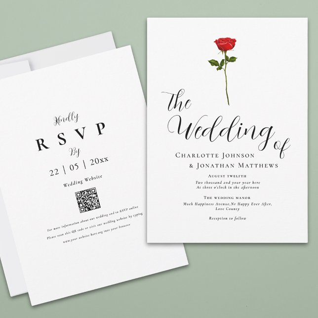 Minimalist Red Rose Elegant Script QR Code Invitation (Simple red rose watercolor elegant script qr code wedding invitation )