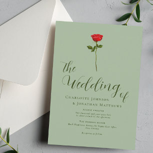 Minimalist Red Rose Elegant Script Sage Green Invitation