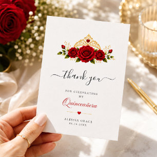 Minimalist Red Rose Floral Quinceañera Thank You Card