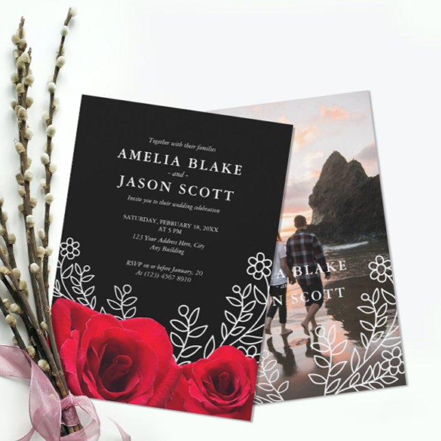 Minimalist Red Rose on Black Wedding Invitation (Creator Uploaded)