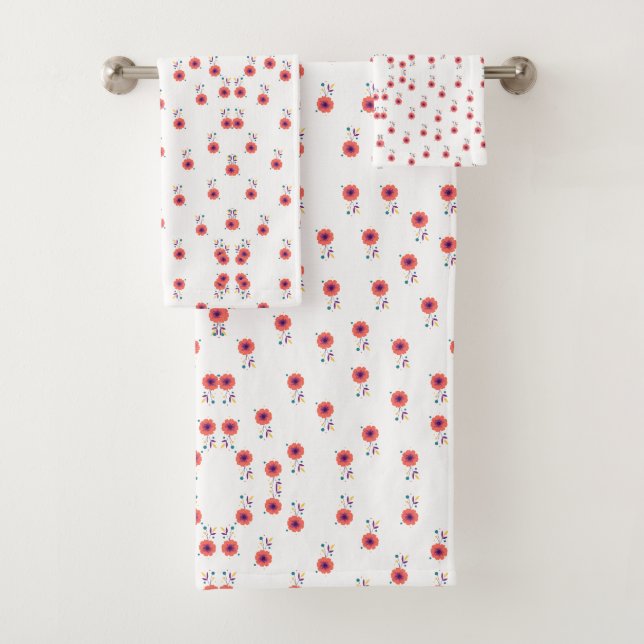 Minimalist Red Scandi Floral Pattern Bath Towel Set (Insitu)