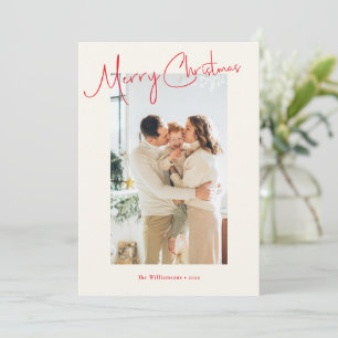 Minimalist Red Script Custom Photo Christmas Holiday Card