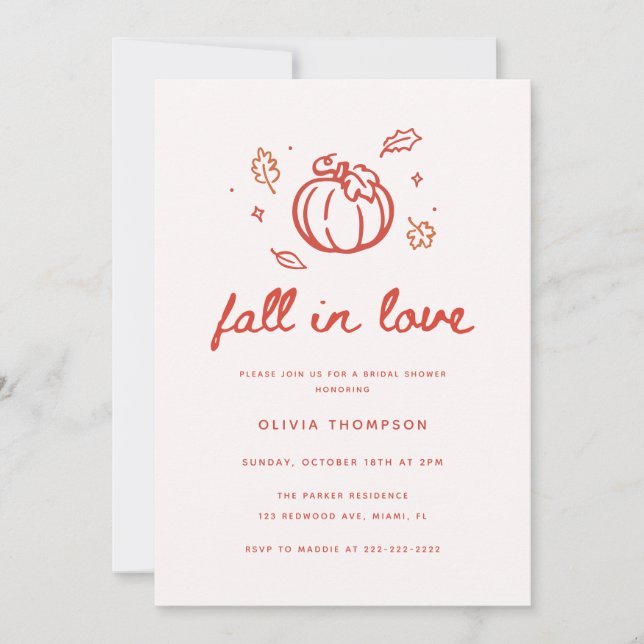 Minimalist Red Script "Fall in Love" Bridal Shower Invitation (Front)