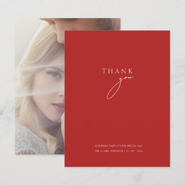 Minimalist Red Script Wedding Thank You Card (Front/Back)