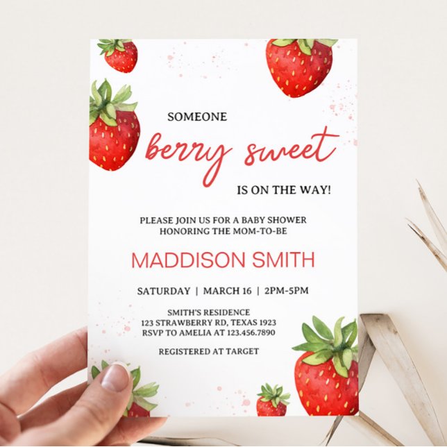 Minimalist Red Strawberry Baby Shower  Invitation (Berry Sweet Baby Shower Invitation)