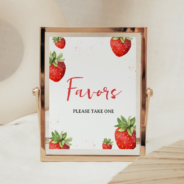 Minimalist Red Strawberry Favours Poster (Berry Sweet Baby Shower Favors Sign)