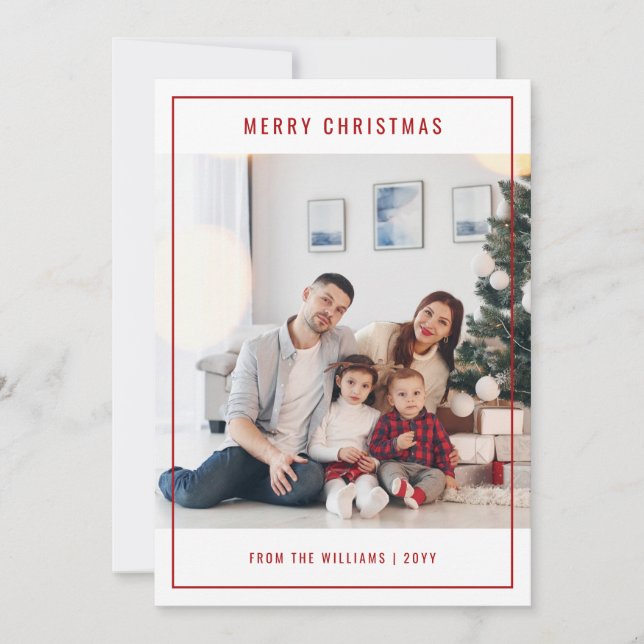 Minimalist Red Stylish Family Photo Christmas Holiday Card (Front)