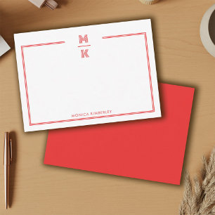 Minimalist Red Two Border Monogram Note Card