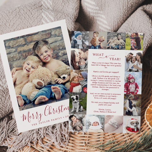 Minimalist Red What A Year Photo Collage Christmas Holiday Card (Creator Uploaded)