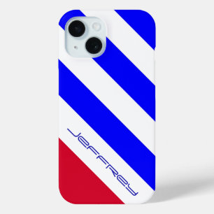 Minimalist Red, White, and Blue Stripe, Name, iPhone 15 Case